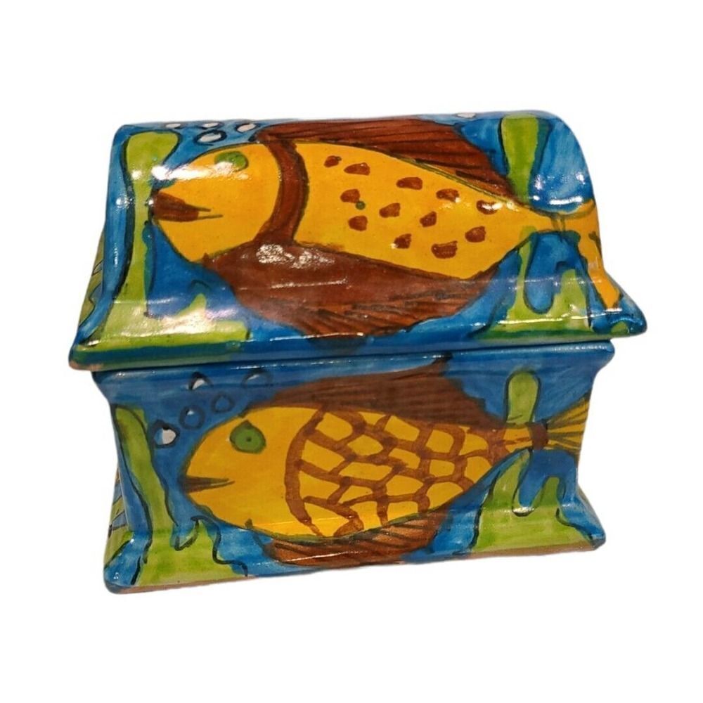 VTG Mexican Hand Painted Pottery Trinket Jewelry Box w/ Lid Colorful Fish Design